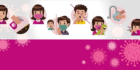Powiększ grafikę: grafiki z dziećmi na biało-różowym tle promujące zachowania zapobiegające zakażeniom wirusami m.in. mycie rak, zasłananie ust podczas kaszlu, noszenie masechek, desynfekcja powierzchni 